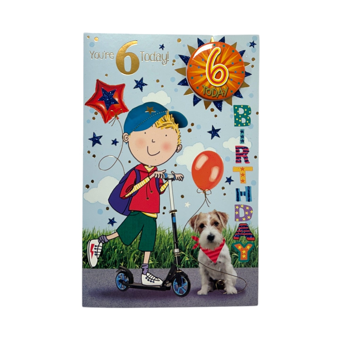 Age 06 Boy Riding A Scooter Juvenile Birthday Card With Badge