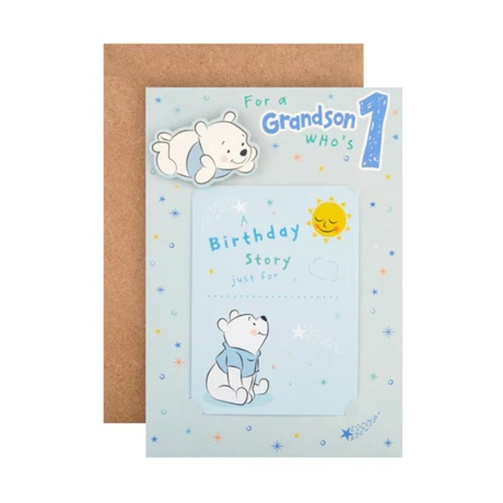 Cute Disney Winnie the Pooh Design Grandson 1st Birthday Card with Keepsake Booklet