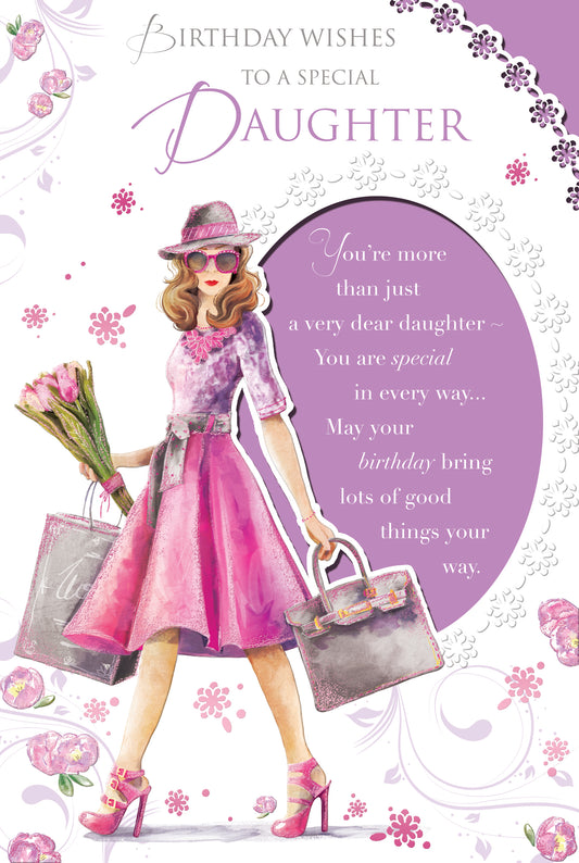 Daughter Birthday Card Girl With Flowers & Shopping Bag