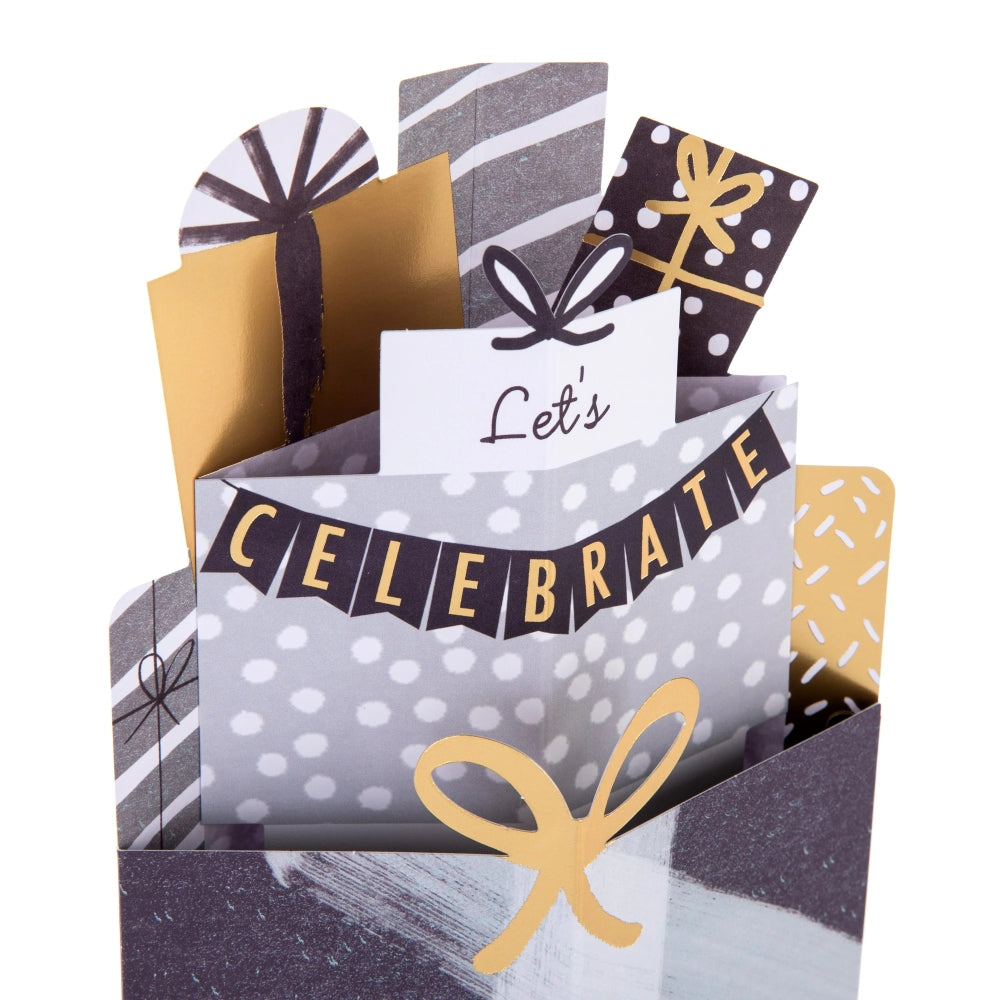 3D Pop Up Grey & Gold Presents Design Any Occasion Celebration Open Card