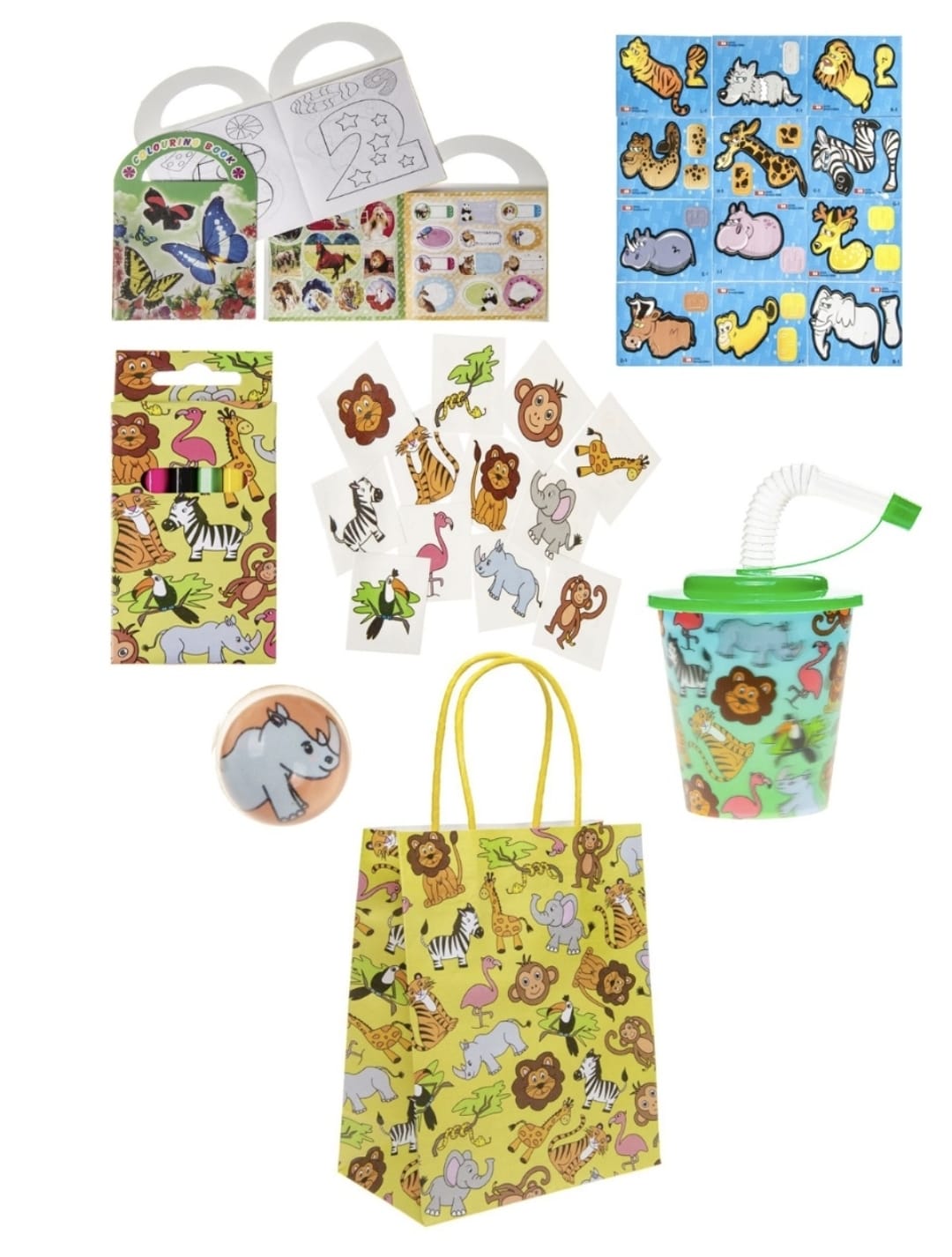 Pack of 10 Pre Filled Wild Animal Theme Kids Party Favour Bags – Gift Bags with Reusable Cup & Themed Toys