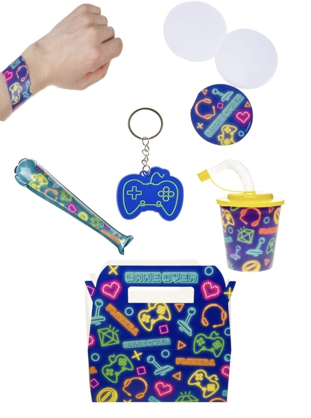 Pack of 10 Pre Filled Gamer Theme Kids Party Favour Boxes – Gift Boxes with Reusable Cup & Themed Toys