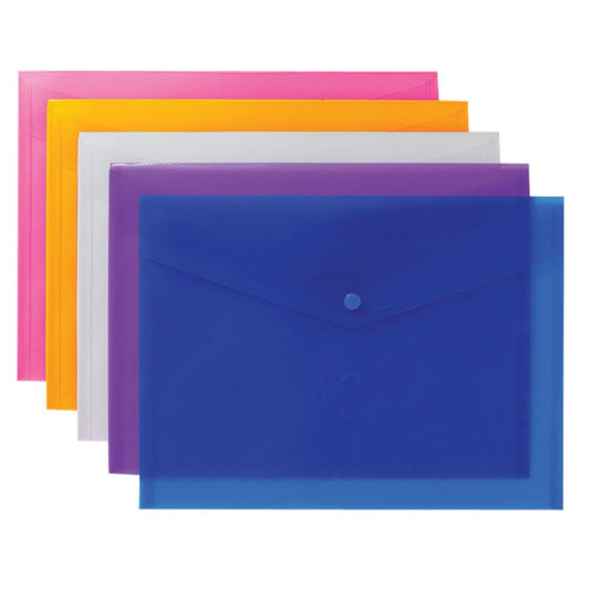 Pack of 5 A4+ Assorted Colours Stud Documents Wallets 