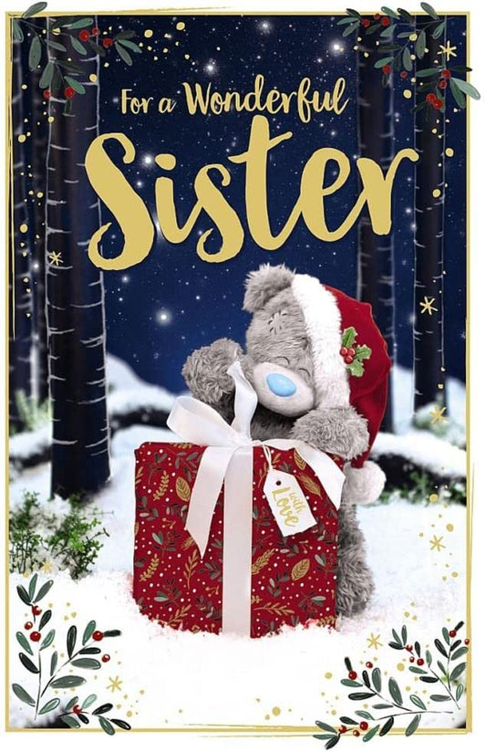 Bear with Big Present 3D Holographic Sister Christmas Card