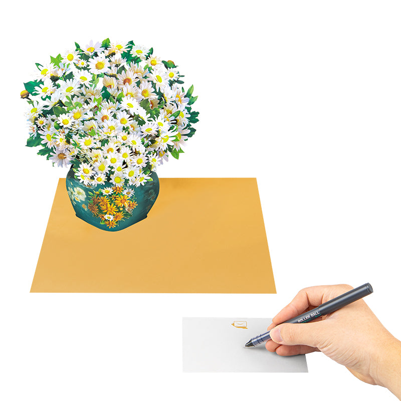 Golden Bloom White Daisy 3D Pop Up Vase Greeting Card - Birthday Anniversary Mother's Valentine's Day