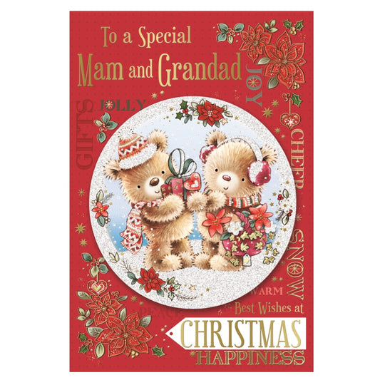 To a Special Mam and Grandad Bears With Gift Design Floral Christmas Card