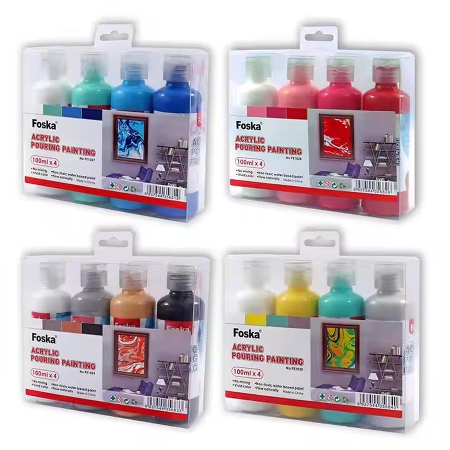 Pack of 4 Acrylic Pouring Paints 100ml - White, Yellow, Green, Silver
