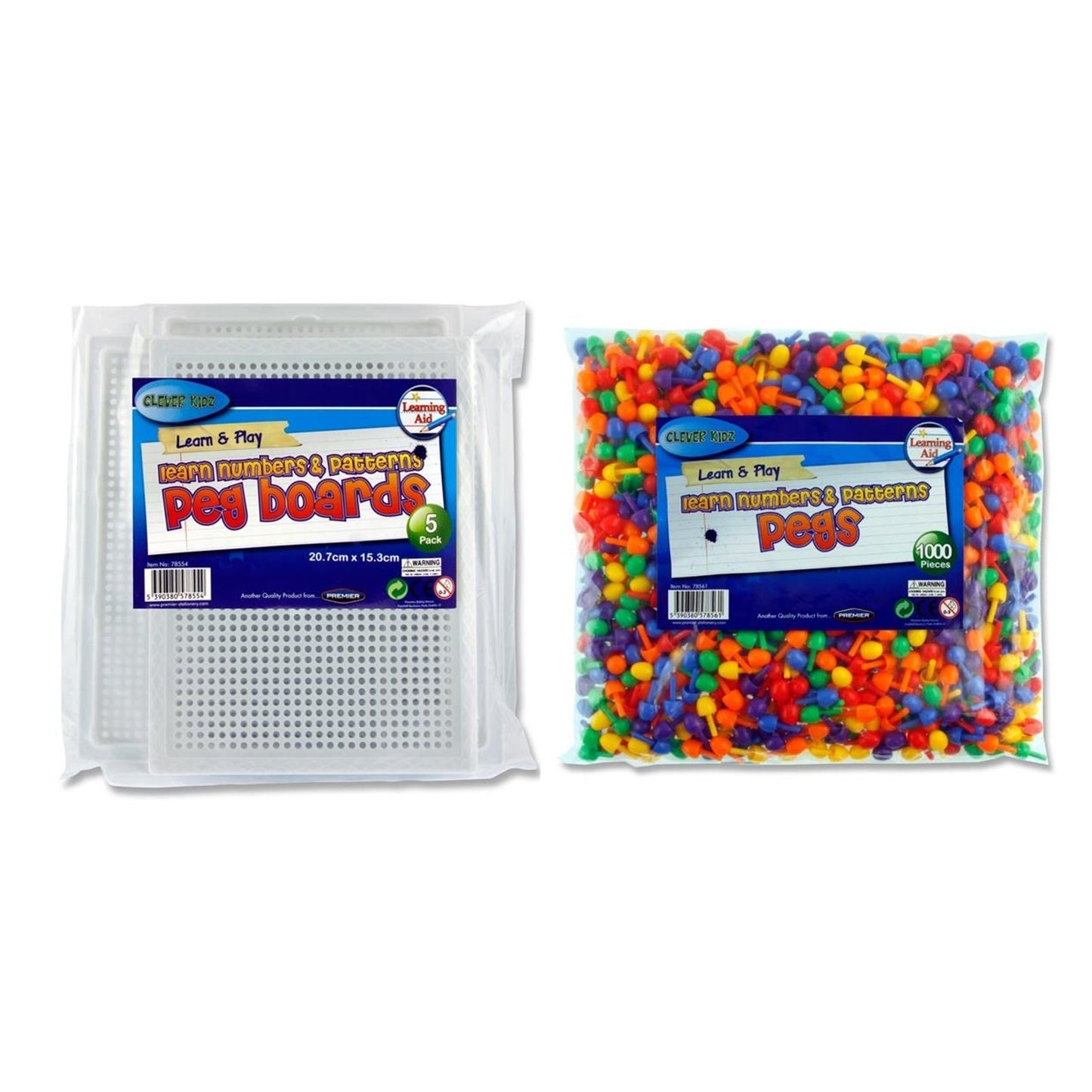 Pack of 5 207x153mm Peg Boards with 1000 Coloured Pegs by Cleaver Kidz