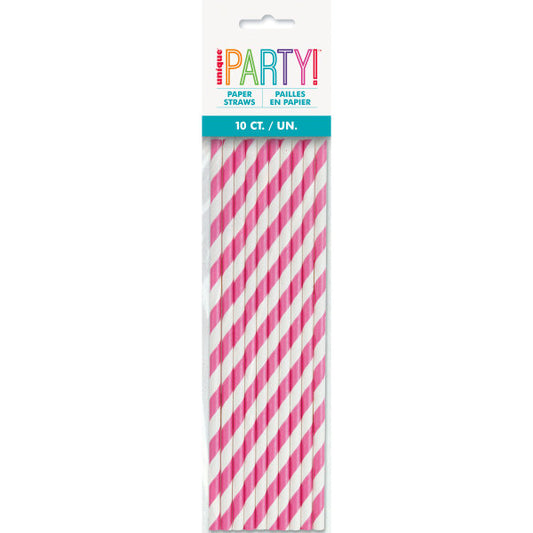 Pack of 10 Hot Pink Striped Paper Straws