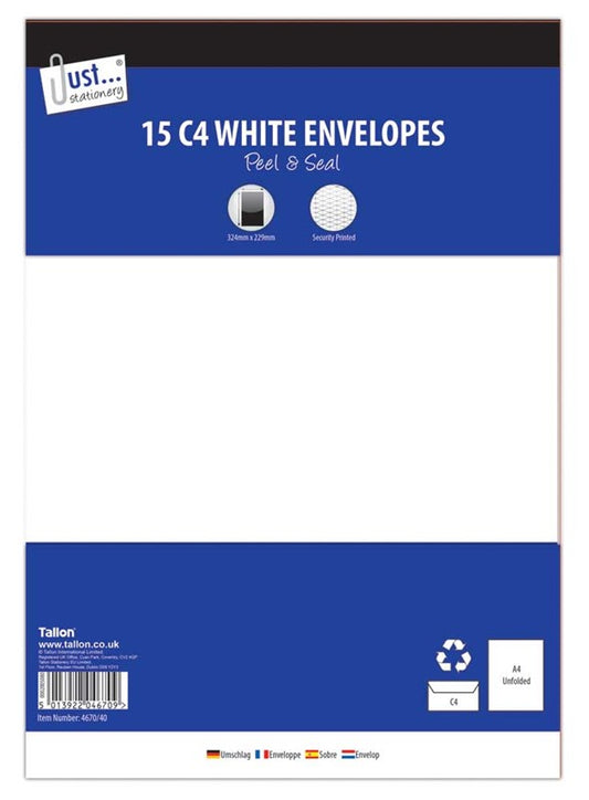 Pack of 15 C4 White Peel & Seal Envelopes