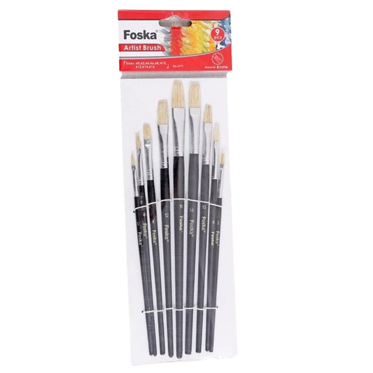 Pack of 9 Assorted Size Wooden Handle Bristle Hair Artist Paint Brush Set