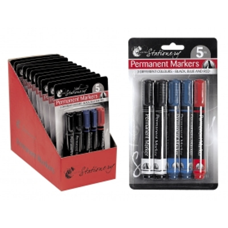 5 Pack Permanent Markers - Blue Black & Red