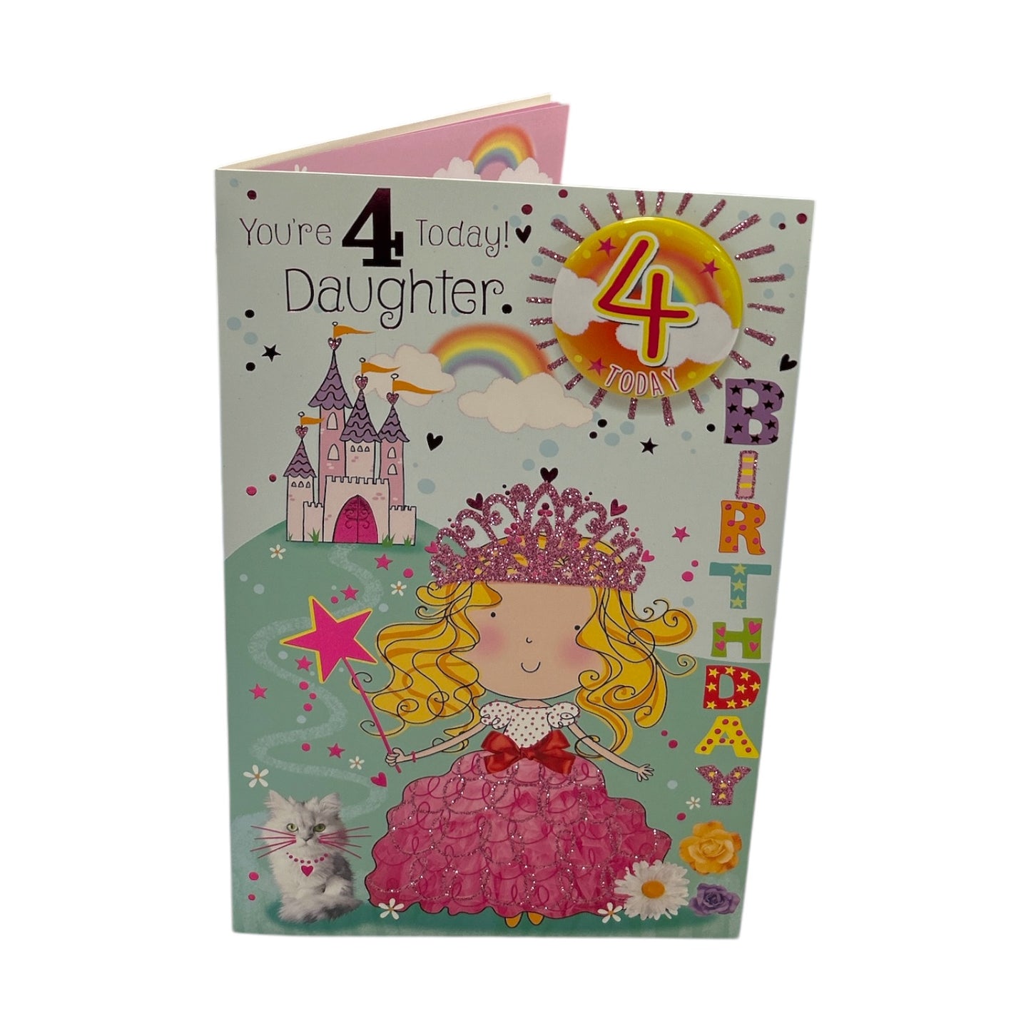 Daughter Age 04 Princess With Magic Wand Juvenile Birthday Card With Badge