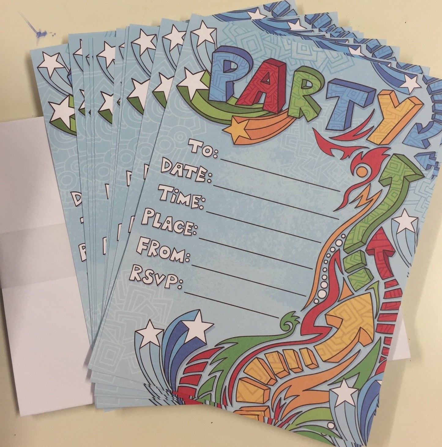 Pack of 40 Quality Blue Retro Party Invitations with Envelopes by Carlton Cards