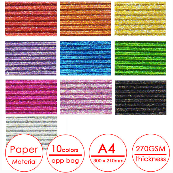 Pack of 10 Assorted Colour A4 Glitter Corrugated Craft Paper