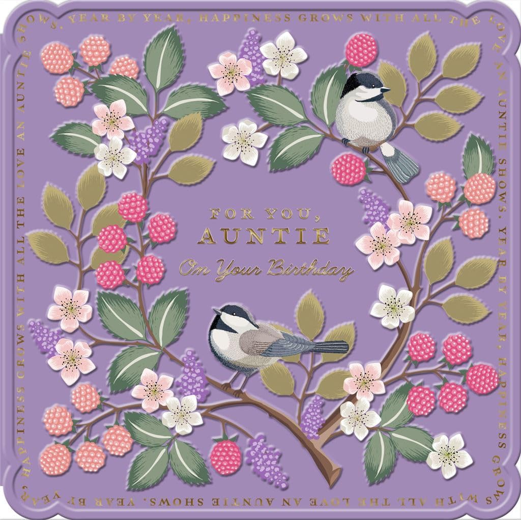 Floral Purple Design with Birds Berries Auntie Birthday Card