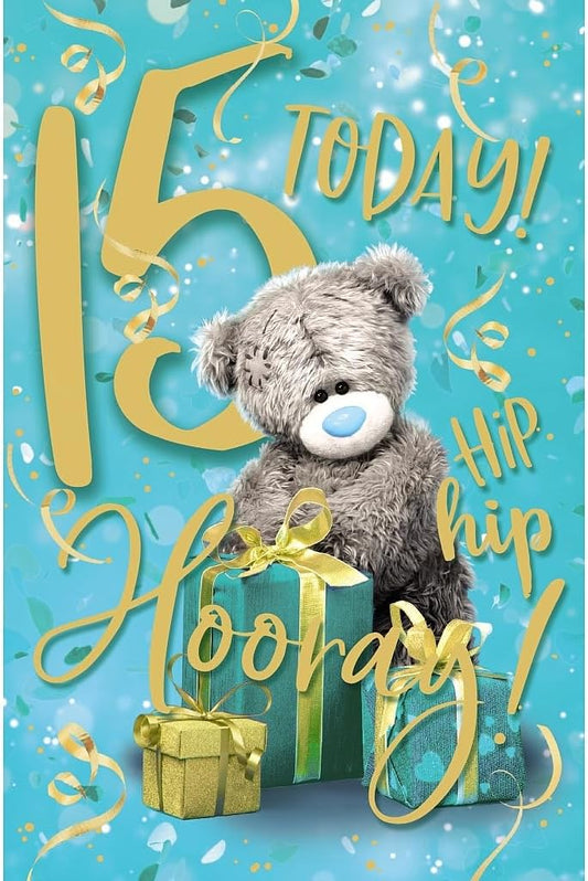 Bear And Gold Ribboned Gift Hip Hip Hooray 15th Birthday Card