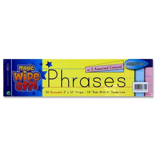 Pack of 30 Wipe-off Reusable 3"x12" Coloured Phrase Strips by Clever Kidz