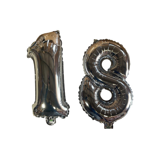 Silver Number 18 Foil Balloons With Ribbon and Straw for inflating