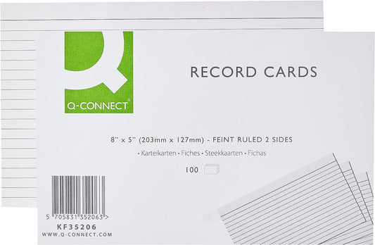 Pack of 100 8x5" Record Cards (203x127mm) Ruled Feint White