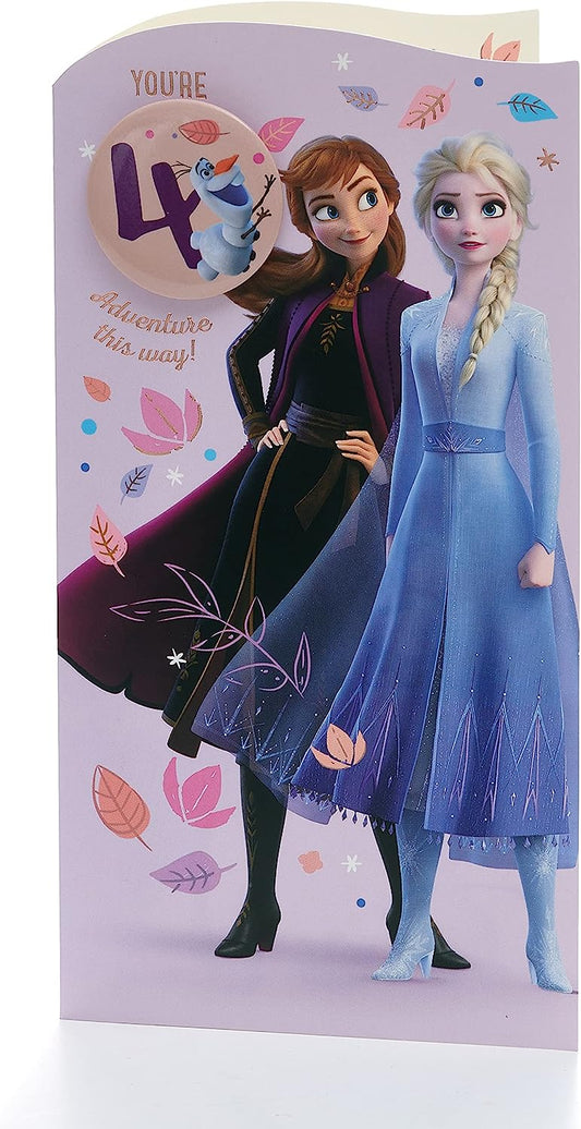 Disney Frozen Design With Elsa & Anna 4th Birthday Card with Badge