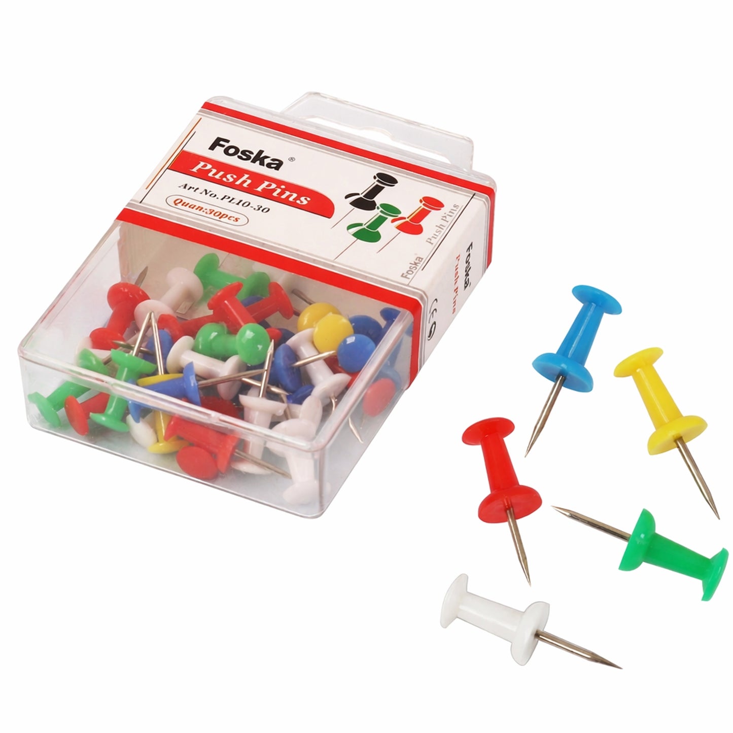 Pack of 30 Assorted Colour Push Pins in Hanging Case