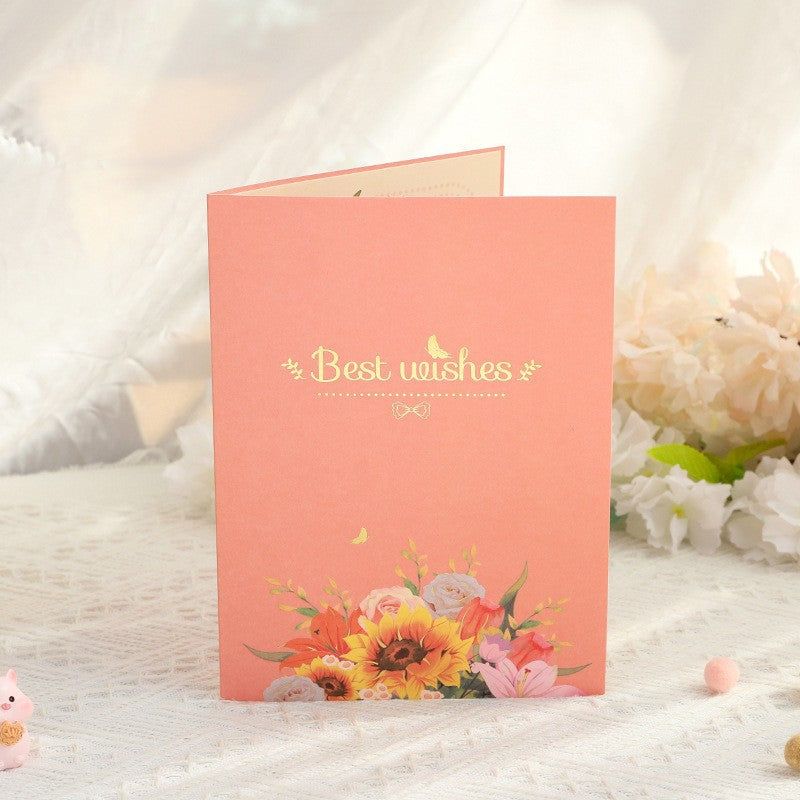 Golden Colorful Flower Bouquet 3D Pop Up Greeting Card