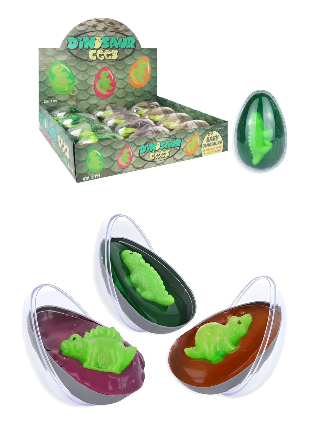 Pack of 12 Dinosaur Eggs with Squishy Baby Dinosaur in Slime