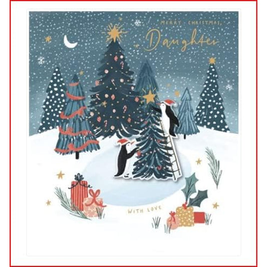 Daughter Christmas Card Penguin and Tree Scene 