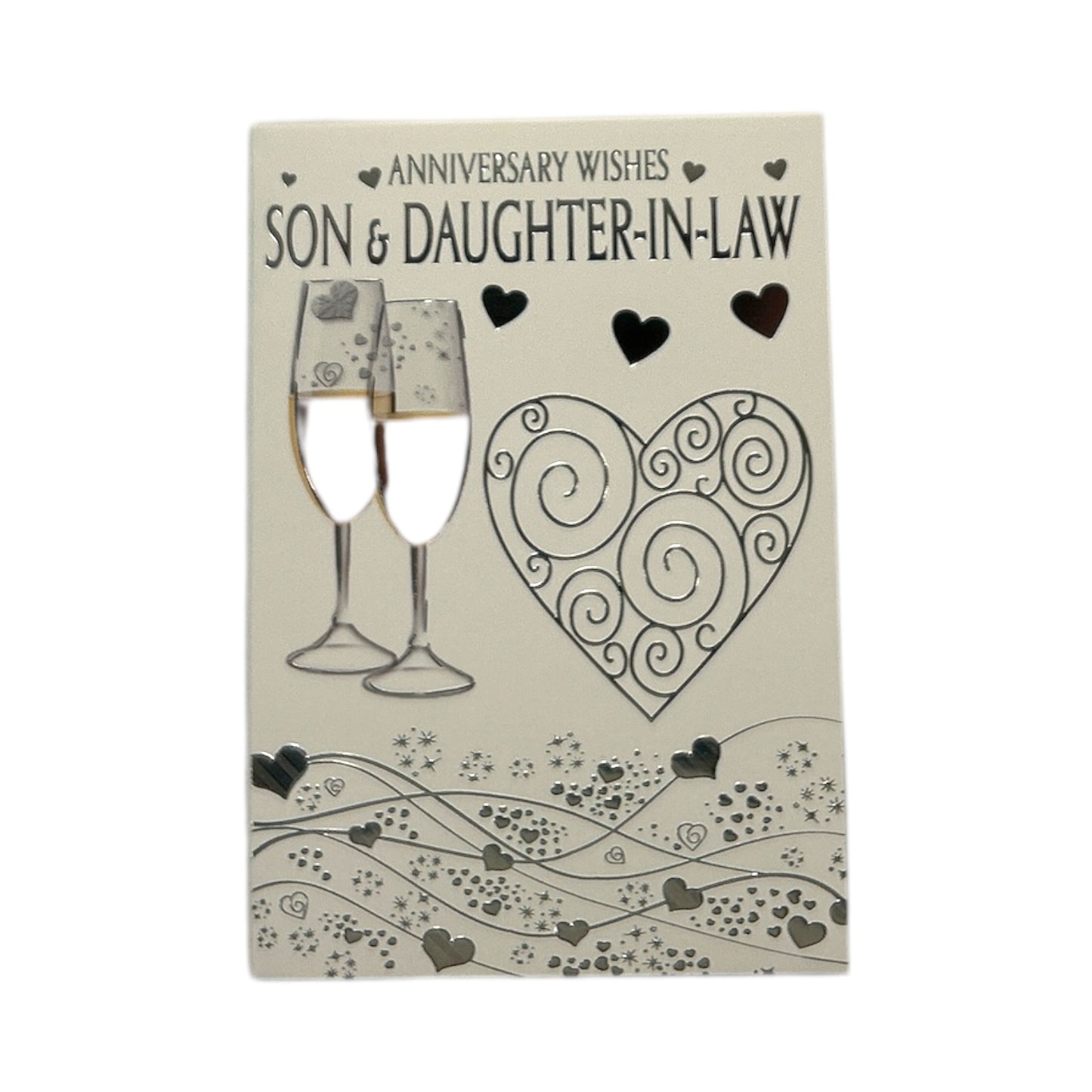 To Son & Daughter-In-Law Champagne Glass Silver Heart Traditional Design Anniversary Card