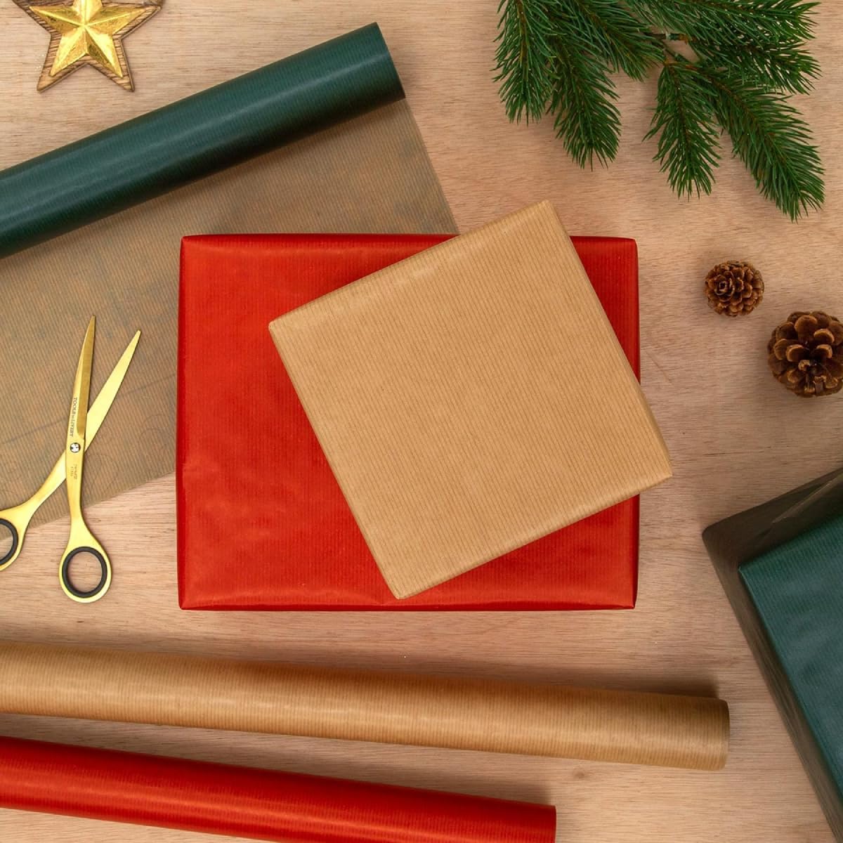Pack of 3 Ribbed Kraft Christmas Wrapping Paper Rolls 2m x 69cm