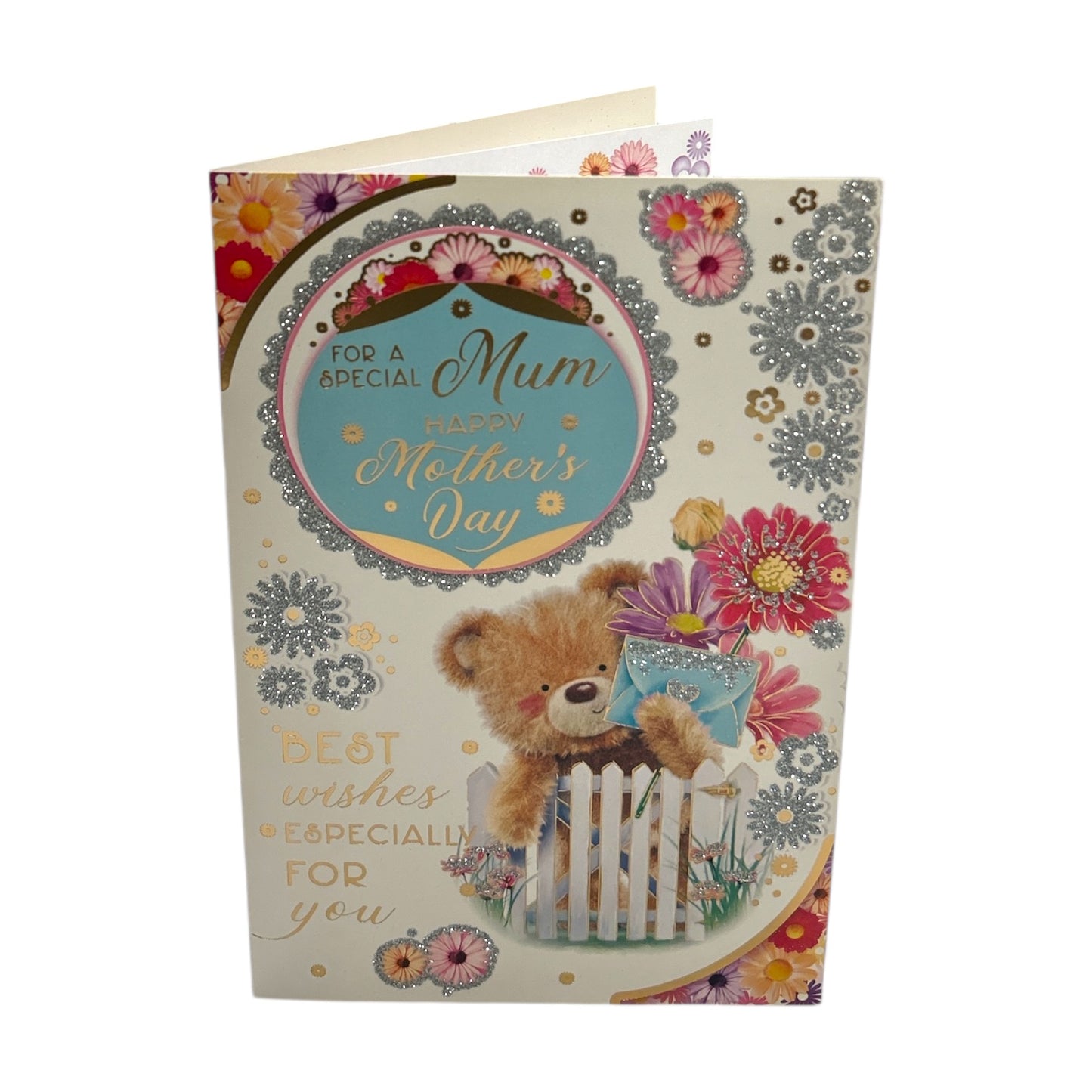 For A Special Mum Teddy With Envelope & Flowers Design Mother's Day Card