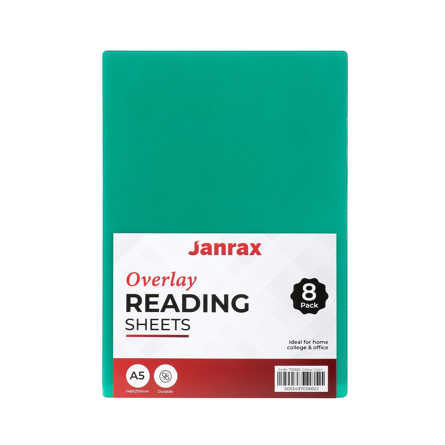 Pack of 8 A5 Plain Cyan Dyslexia Overlay Reading Sheets – PET Material, Rounded Corners