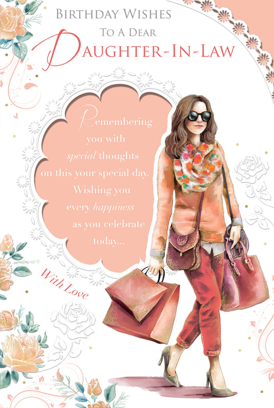 Birthday Wishes To A Dear Daughter In Law Lady With Shopping Bag Design Celebrity Style Card