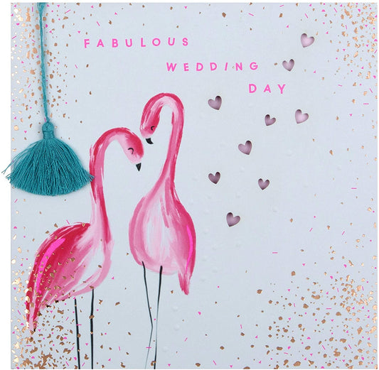 Contemporary Square Design with Neon Flamingos Wedding Congratulations Card