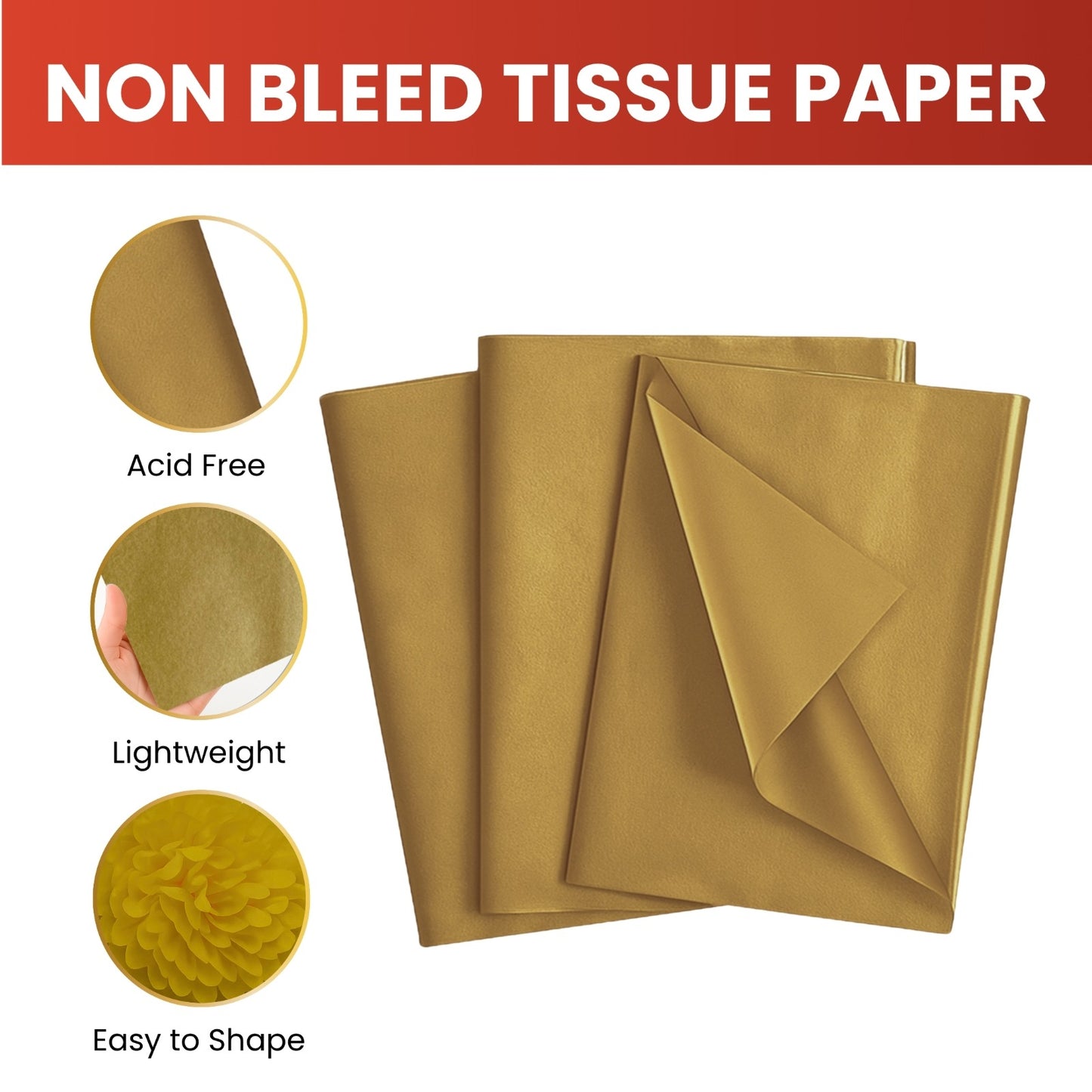 Pack of 1440 Metallic Gold Acid Free 50 x 70cm Tissue Paper Sheets
