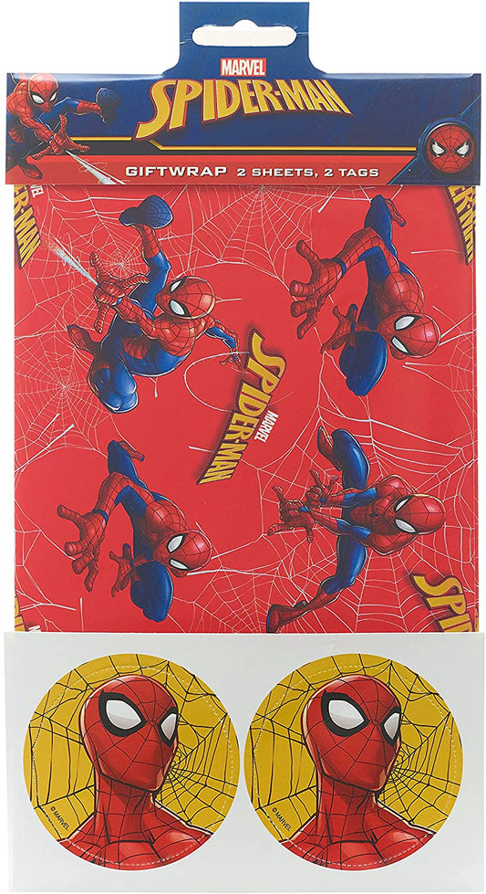 Spiderman Packaged Wrap Birthday Wrapping Paper 2 Sheets and 2 Tags