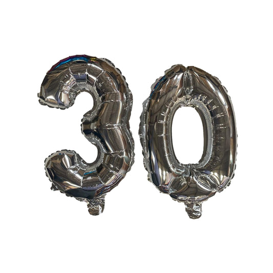Silver Number 30 Foil Balloons With Ribbon and Straw for inflating