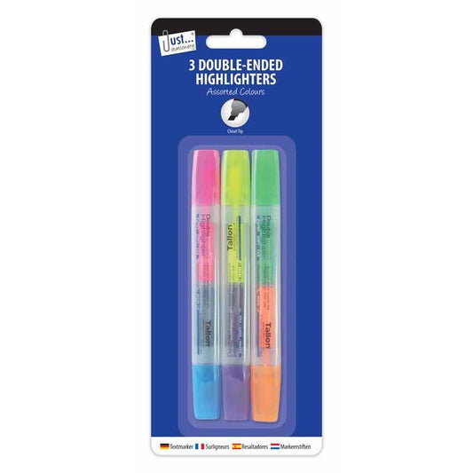 Pack of 3 Just Stationery Double Ended Highlighters - Assorted Colours