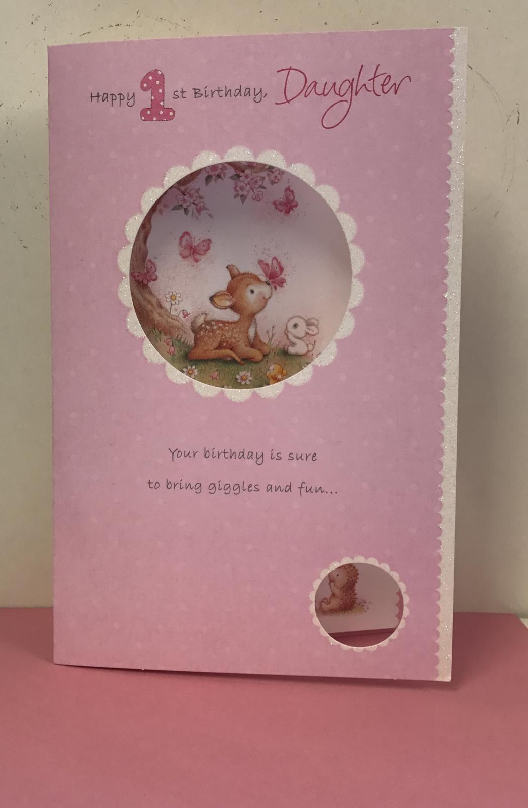 1st Daughter Birthday Card Cute Child Deer With Butterflies Design Age 1