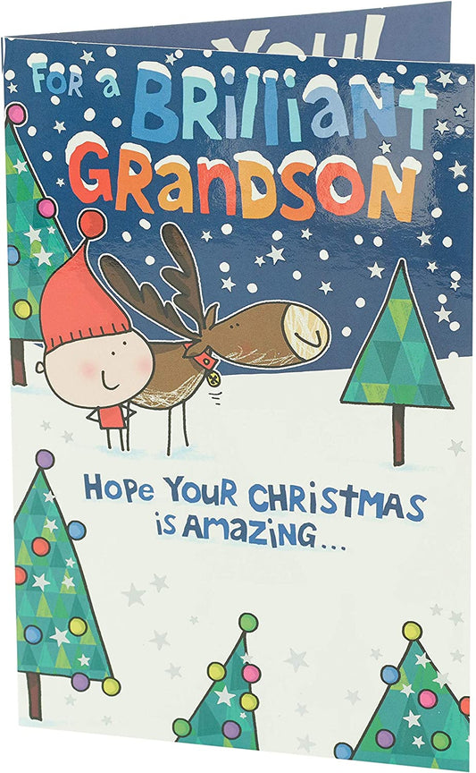 Cartoon Reindeer Design Grandson Christmas Card