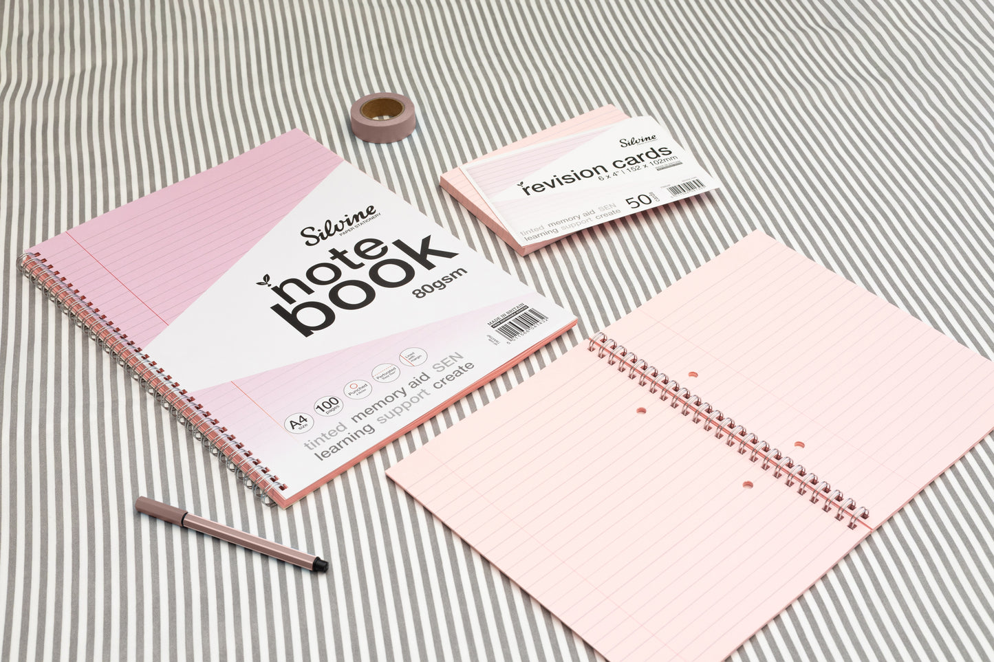 Pack of 3 A4+ 100 Pages Twin Wire SEN Pink Paper Dyslexia Notebooks - Lined with Margin
