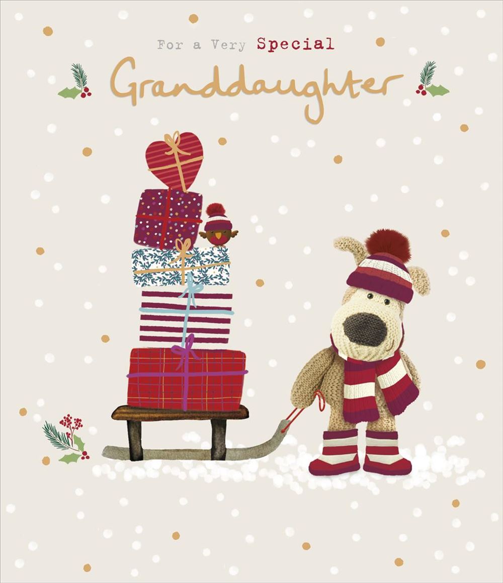 Boofle Pulling Pile Of Gifts Granddaughter Christmas Card