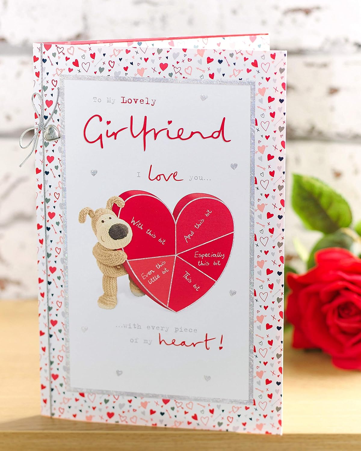 To My Lovely Girlfriend Boofle With Heart Valentine's Day Card with Silver Bow