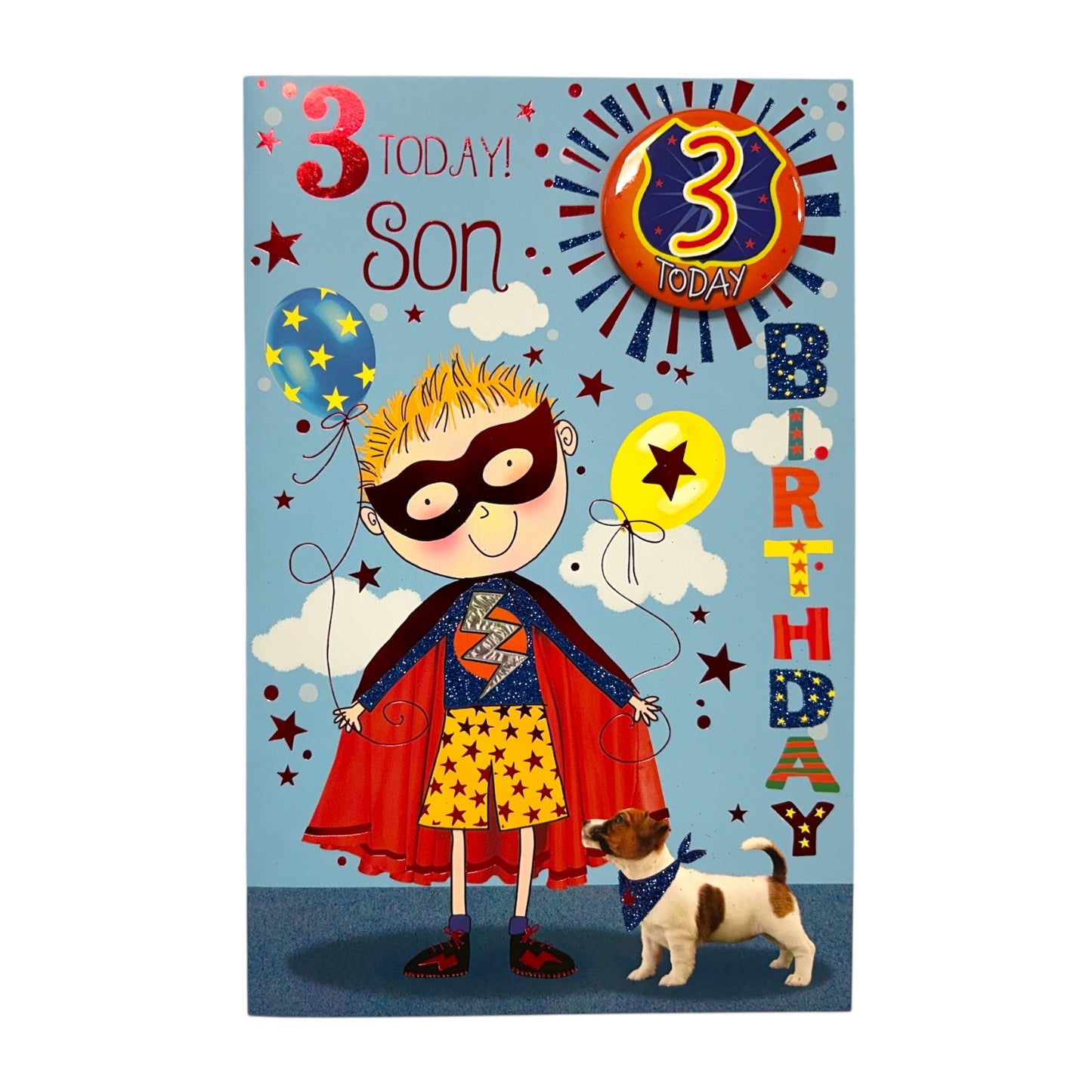 For Son Age 3 Superhero Theme Juvenile Birthday Card With Badge