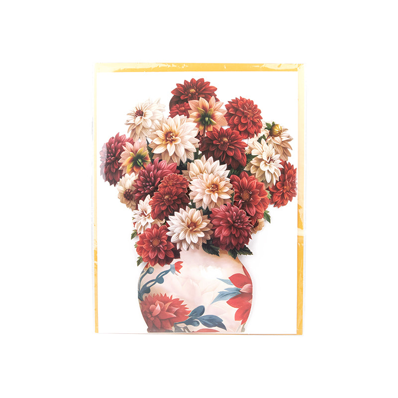Crimson & Cream Dahlia Elegance 3D Pop Up Vase Greeting Card - Birthday Anniversary Mother's Valentine's Day