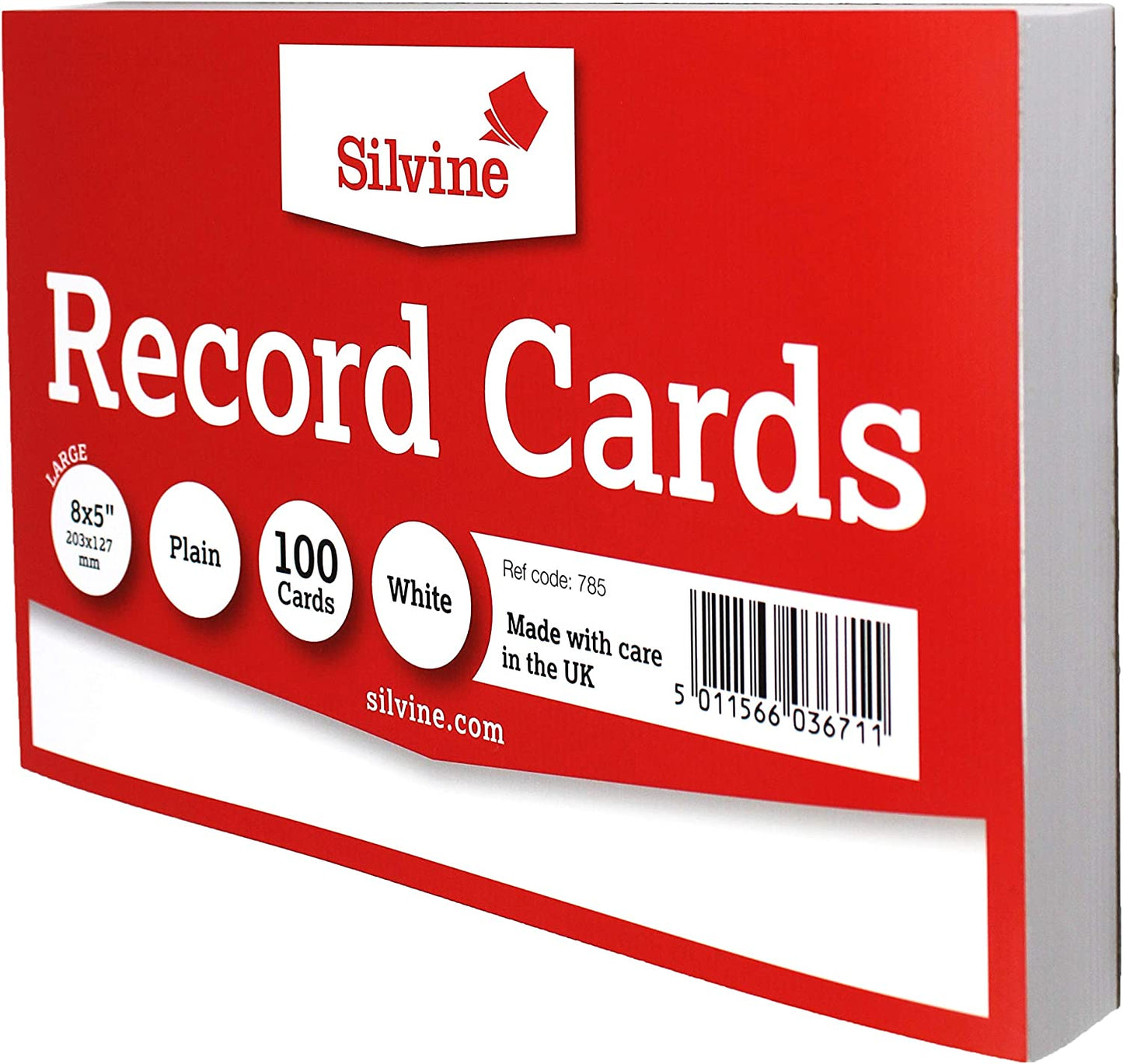 Pack of 100 White Record Cards 8x5" (203 x 127mm)