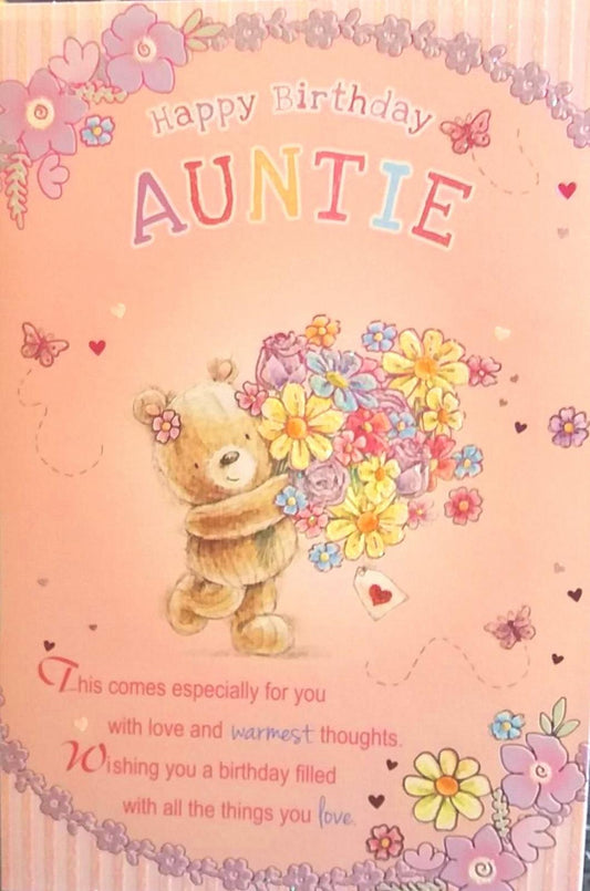 For Auntie Teddy Holding Flowers Design Birthday Card