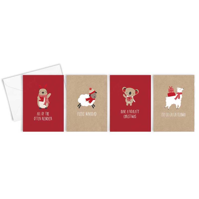 Box of 16 Cute Kraft Character Design Mini Christmas Cards