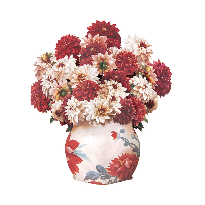 Crimson & Cream Dahlia Elegance 3D Pop Up Vase Greeting Card - Birthday Anniversary Mother's Valentine's Day
